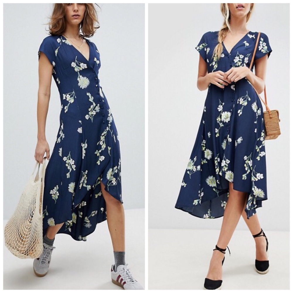 Free People High Low Midi Dress Navy Blue Floral